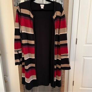 Chico's Multicolor Long Striped Duster Cardigan - Black, Red, Tan